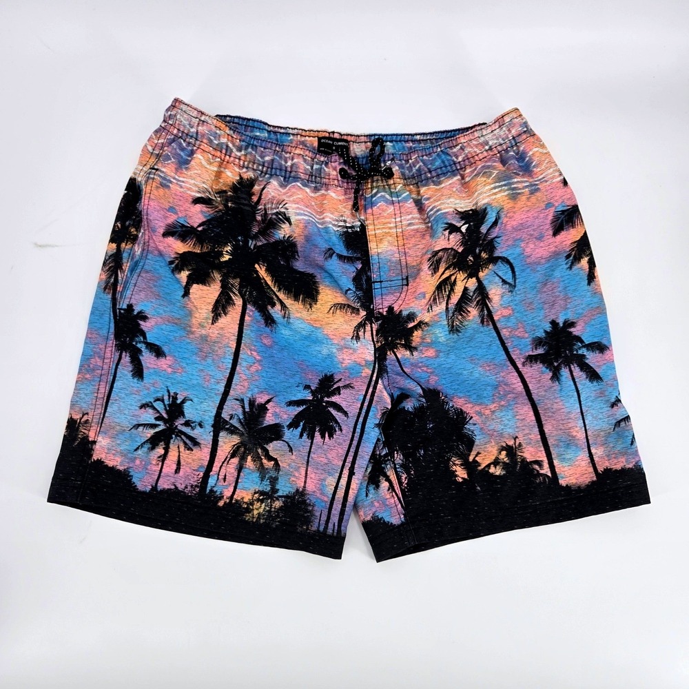 Ocean Current Sunset Palms Swim Shorts Small Blue Pink Palm‎ Tree Volleys VGUC